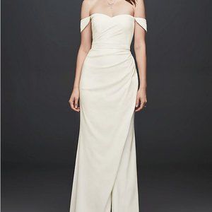 Draped Off-The-Shoulder Crepe Sheath Gown